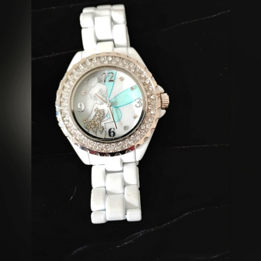 Disney Tinkerbell White w/ Rhinestones Enamel Women's Watch Needs Battery? - Picture 2 of 10